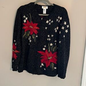 Talbots poinsettia zipper Christmas sweater 1X holiday sweater